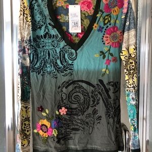 Floral Embroidery long sleeve V neck T shirt